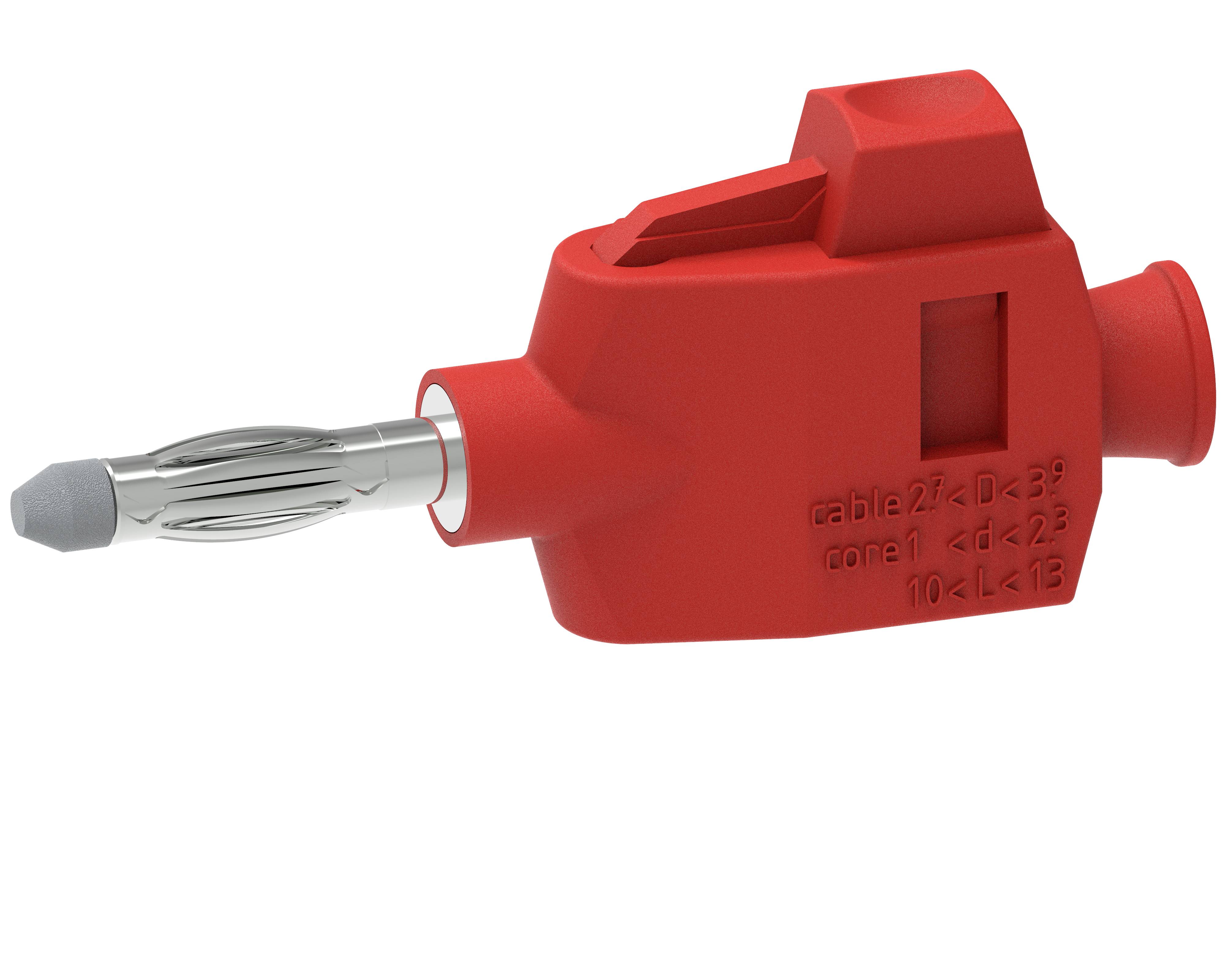 A red, isolated connection element with a metal insert, suitable for cables with a diameter of 2 to 13 mm.