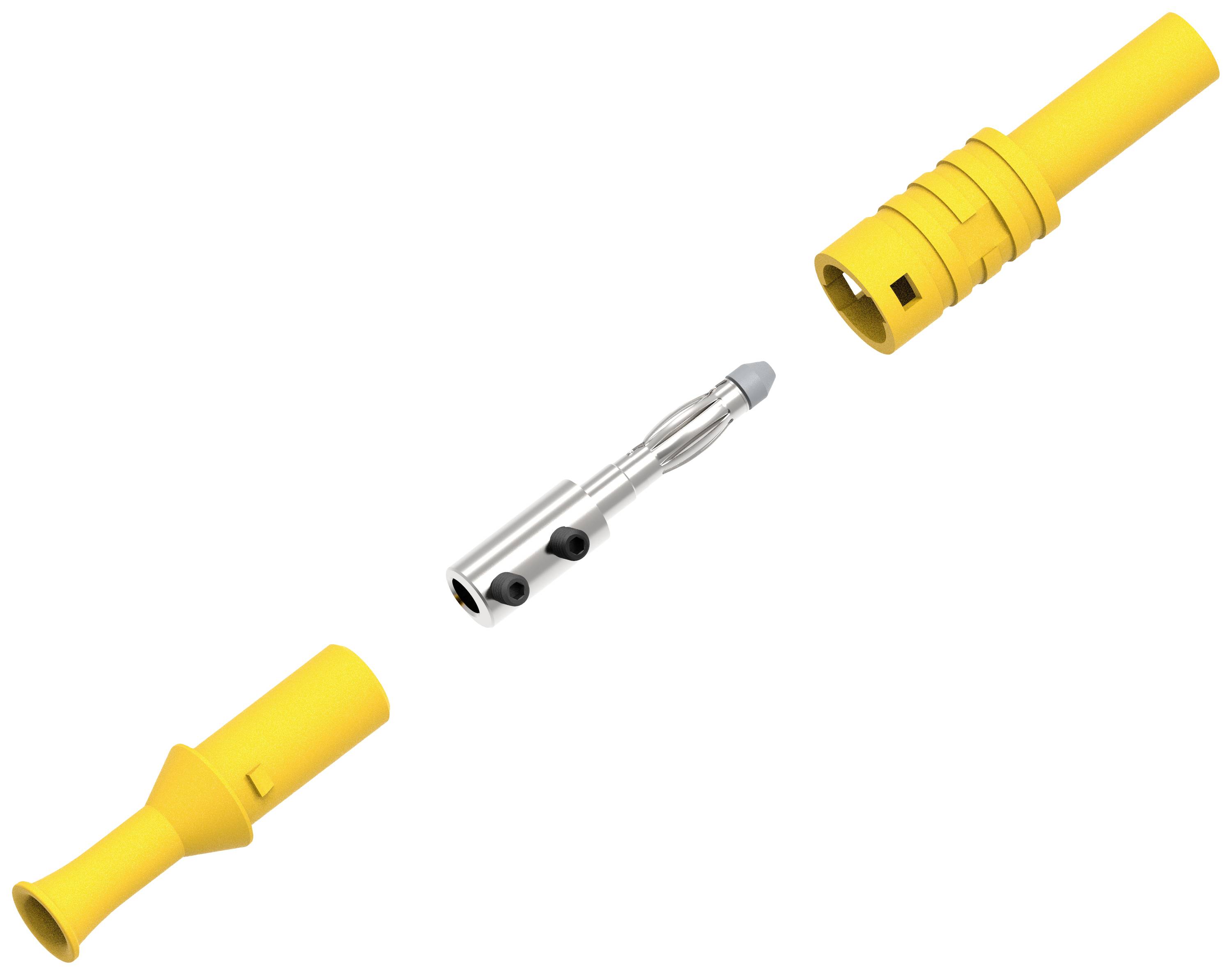 A yellow connector consisting of three parts: a male and a female component, along with a metallic insert in the centre.