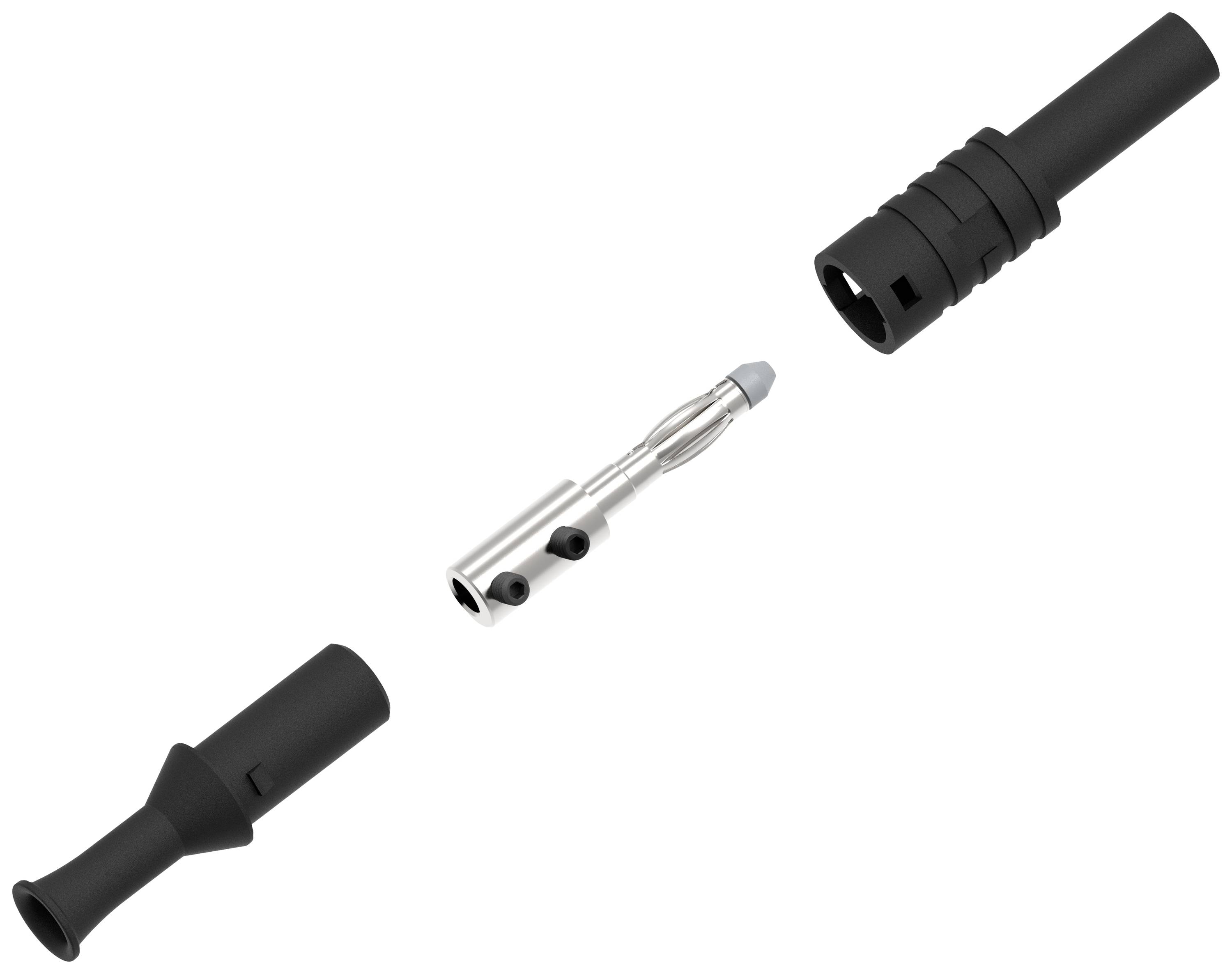 'Connector components: two black outer sleeves and a silver contact pin, shown isolated in the middle.'