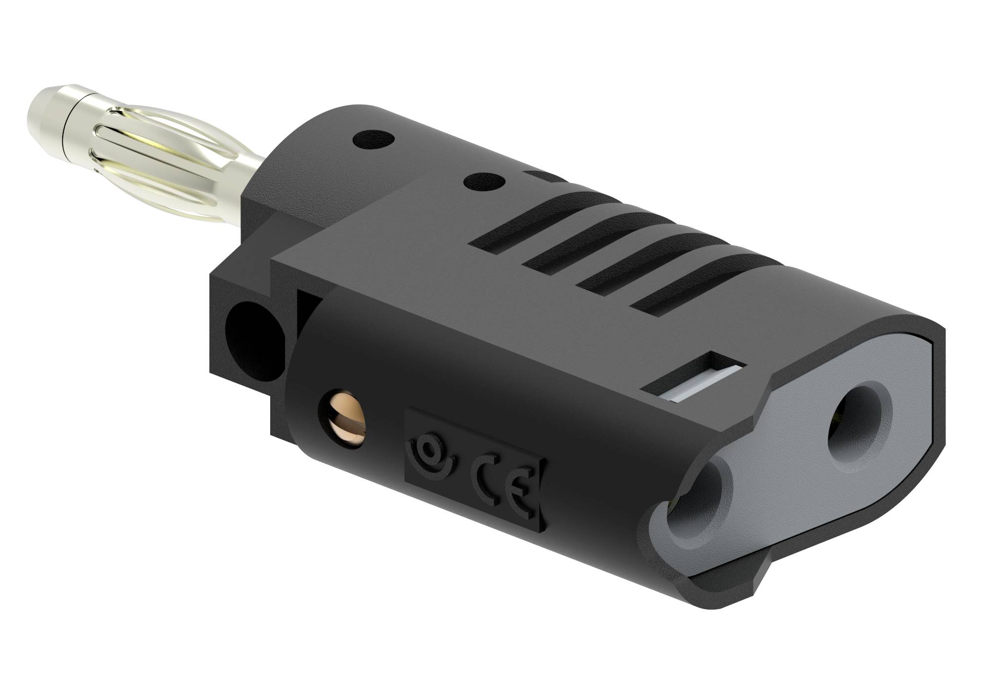 Black connector with metal pin, laterally aligned, CE marking visible. Suitable for electronic connections.