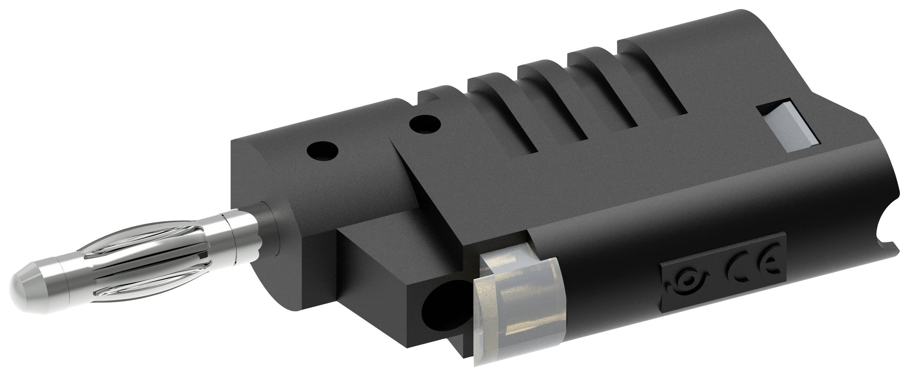 Socket with a black housing and chrome-plated contact pin, suitable for audio or electrical cable connections.