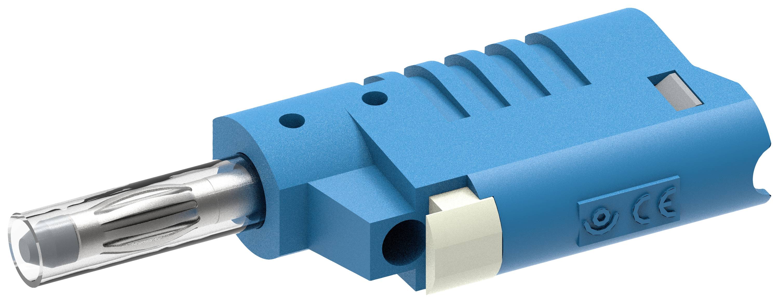 Blue optical connector with transparent protective cap. Used in fibre optic networks for data transmission.