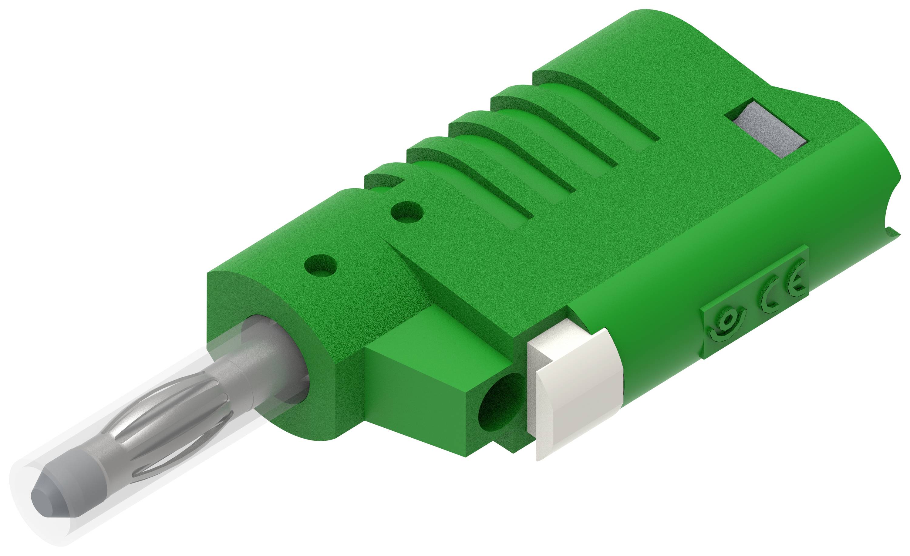 Green, rectangular plastic plug with a transparent, pointed end and side insertion points.