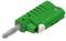 Green, rectangular plastic plug with a transparent, pointed end and side insertion points.