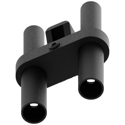 A black plastic component with two connected cylinders and a fixing screw, likely a housing part.