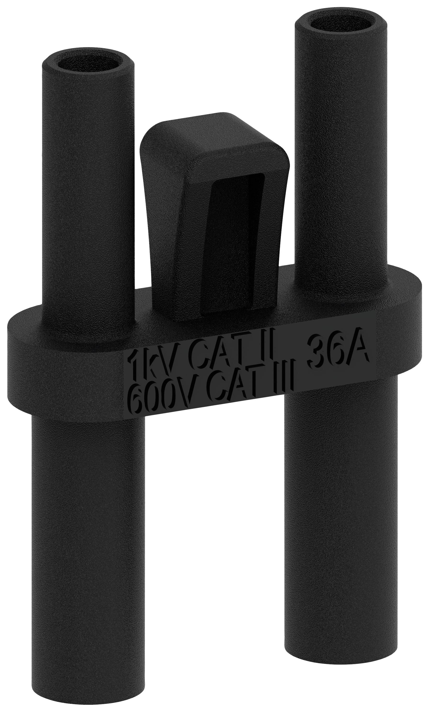 Electrical testing device, adapter with two black plug connections and a bridge. Labelling: '1kV CAT II 600V CAT III 36A'.