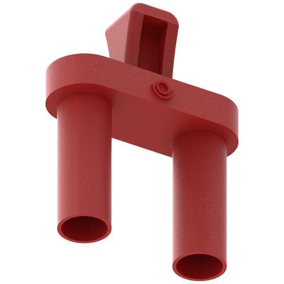 Red plastic construction component with two cylindrical tubes on the underside and a single protrusion on top, potentially part of a plug-in system.