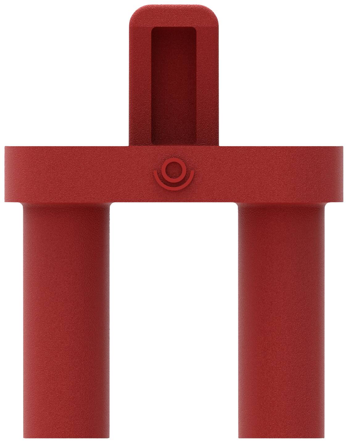 Red component with two cylindrical columns, with a rectangular mounting bracket above.