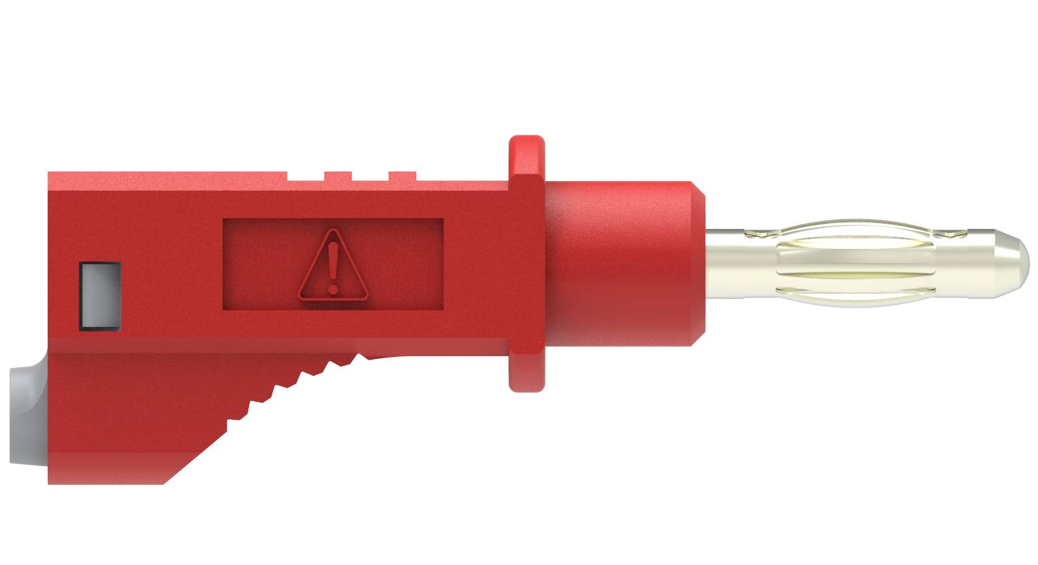 Red and gold electrical plug terminal with warning symbol on the side, used for technical or electronic applications.