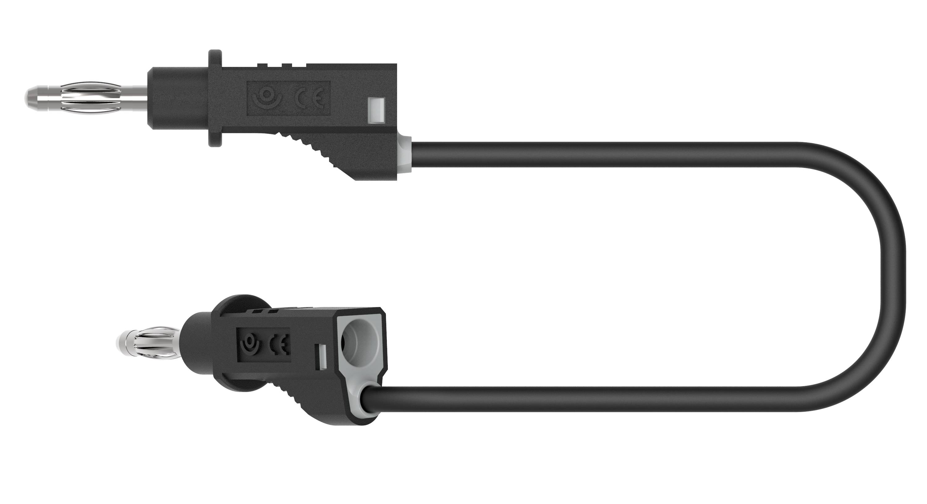 A black audio cable with two identical U-shaped plugs. Each plug has safety markings and metal ends.