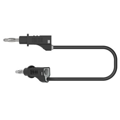A black audio cable with two identical U-shaped plugs. Each plug has safety markings and metal ends.
