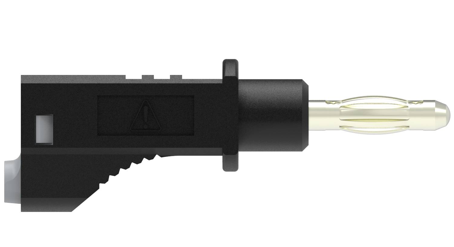 A black audio adapter socket with a gold-coloured plug on a white background.