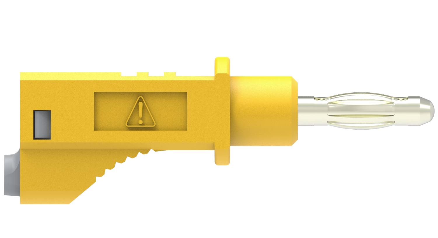 Yellow plug connector with a warning symbol. The connector points to the right and has a ribbed surface for better grip.