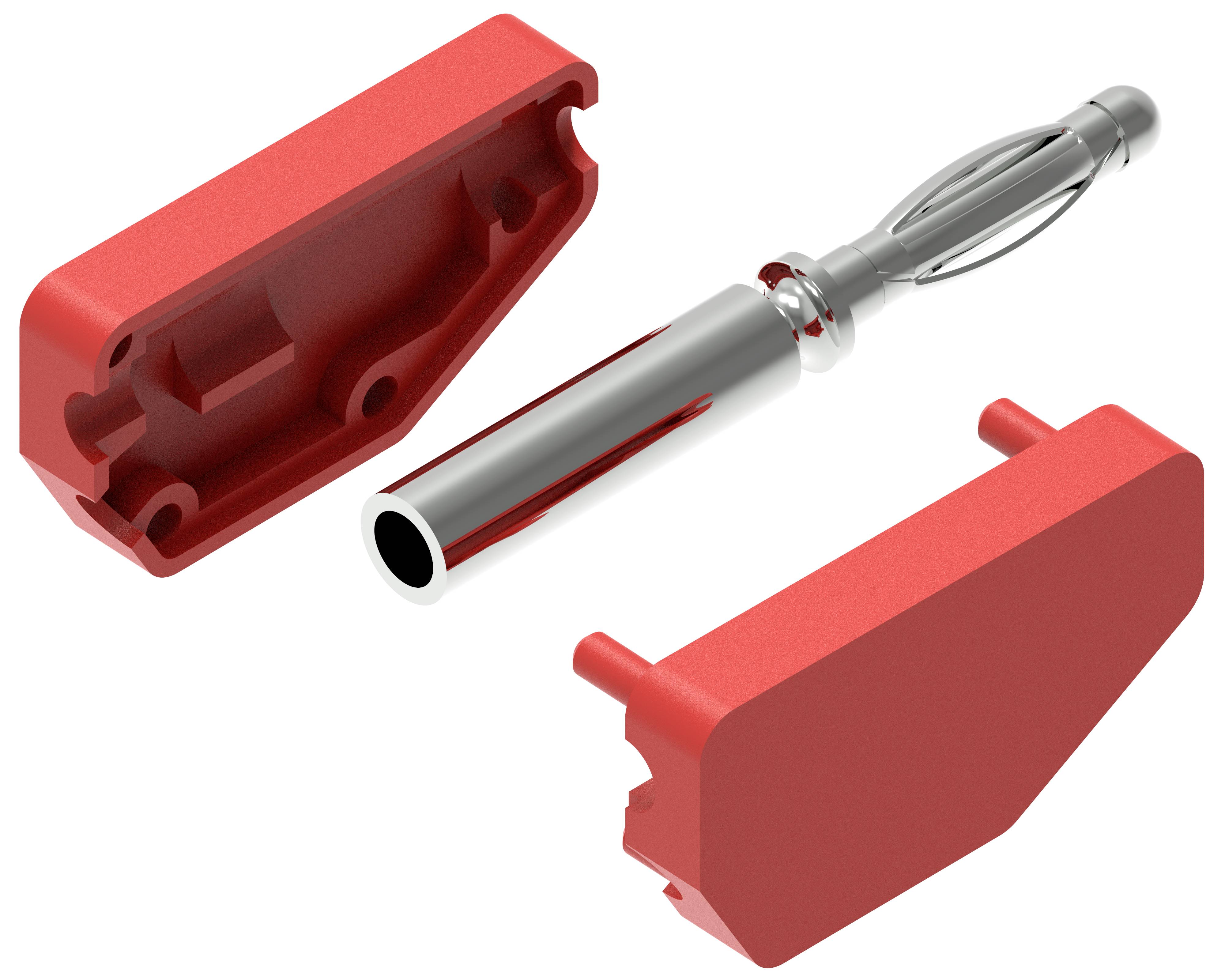 Red plastic carrying case next to a silver, elongated metallic tool with multiple longitudinal openings at one end.
