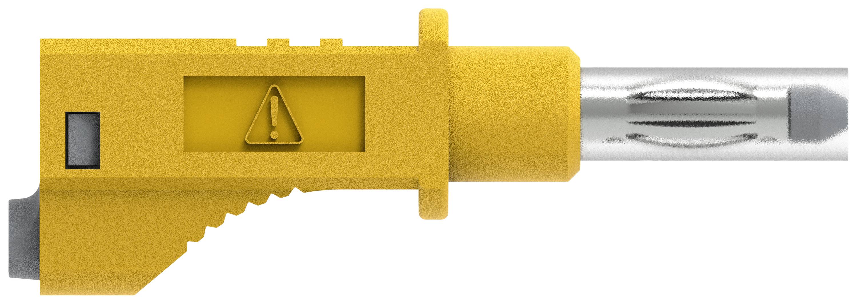 A yellow safety knife with a warning symbol marking on the handle. The tip is metallic and narrow.