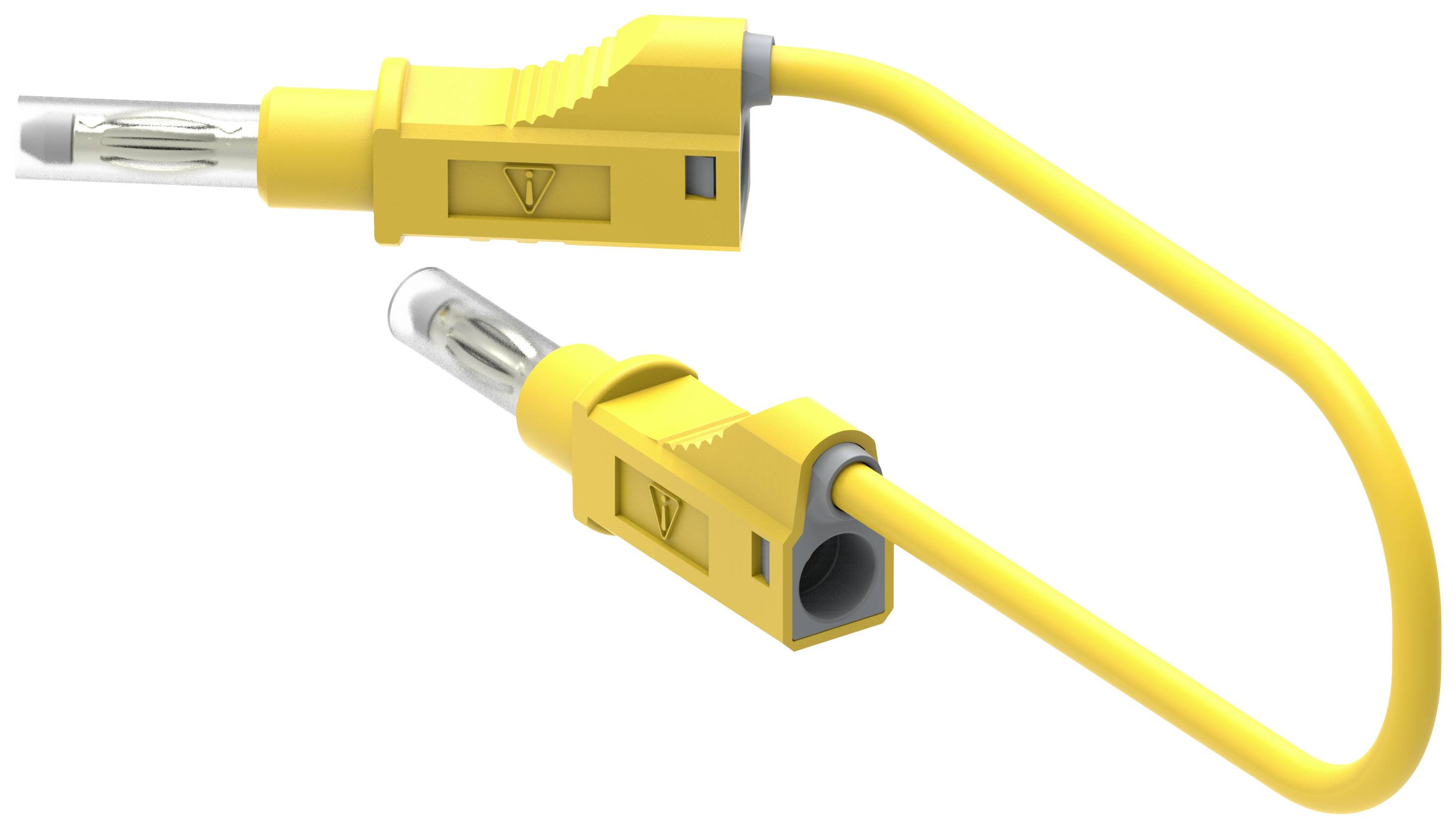 Two yellow cables with safety plugs and transparent ends, presumably used for electrical installation or testing technology.