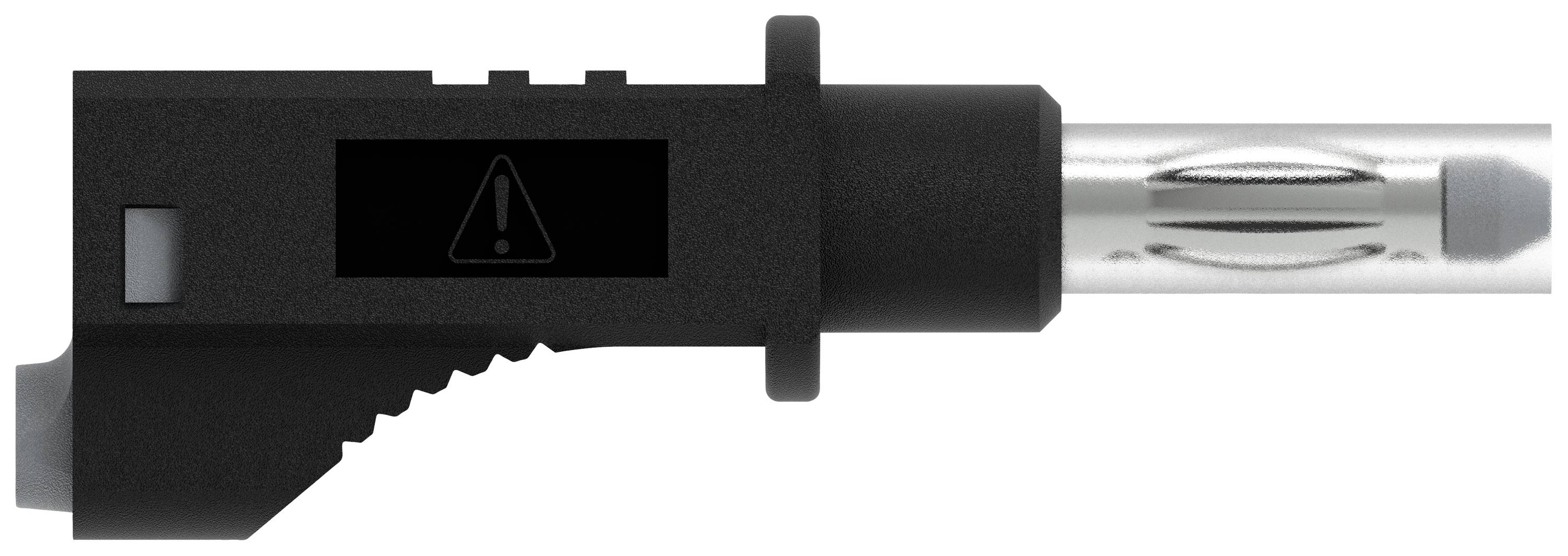 A black, rectangular device with a metal cylinder and a warning symbol on its side is situated on a white background.