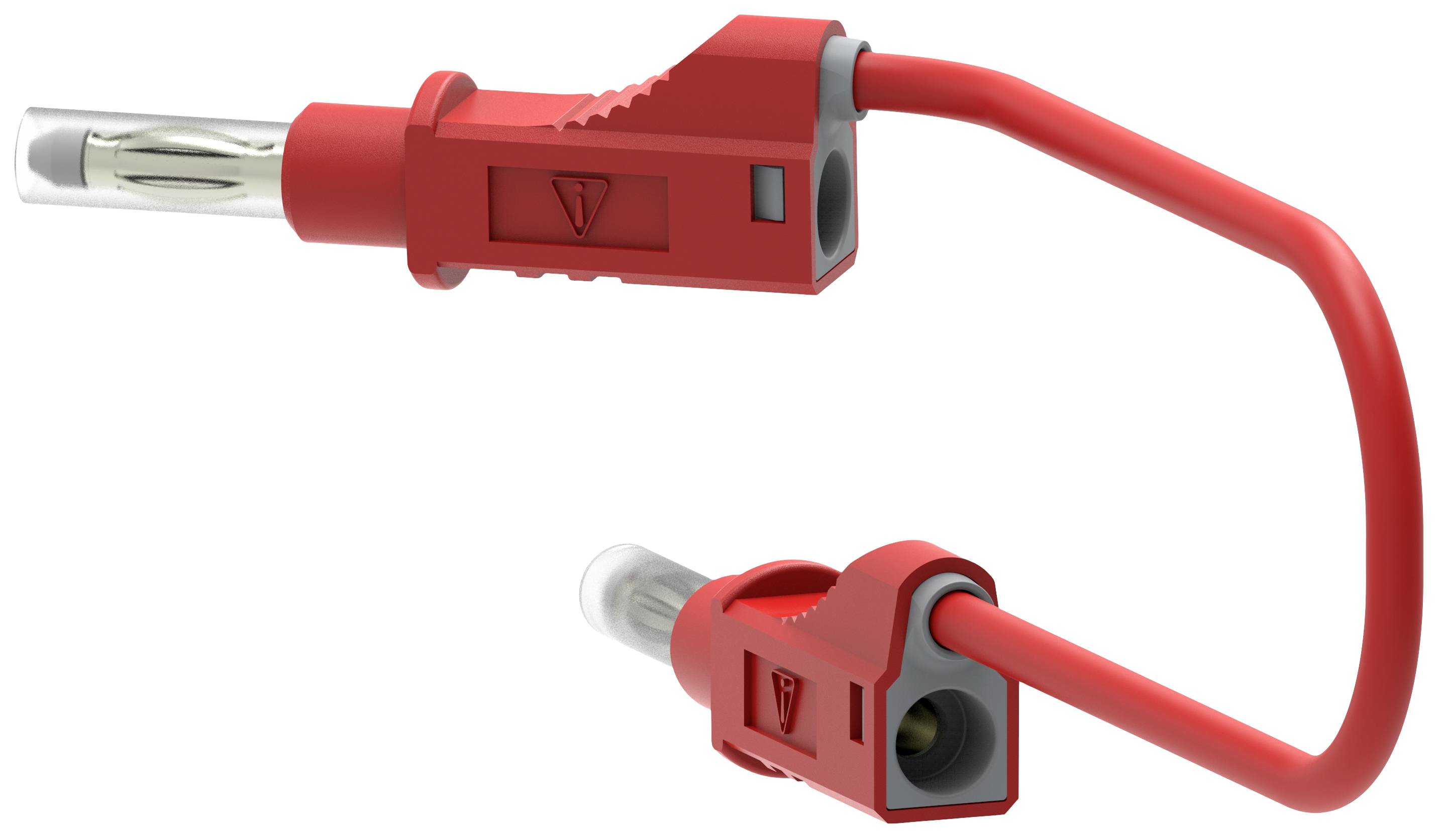 Two red electrical plugs with transparent casings, connected by a red cable. Primarily used for voltage measurement.