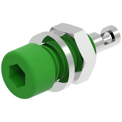 A green metal plug with a hexagonal opening and silver rings for fastening, used for technical connections.