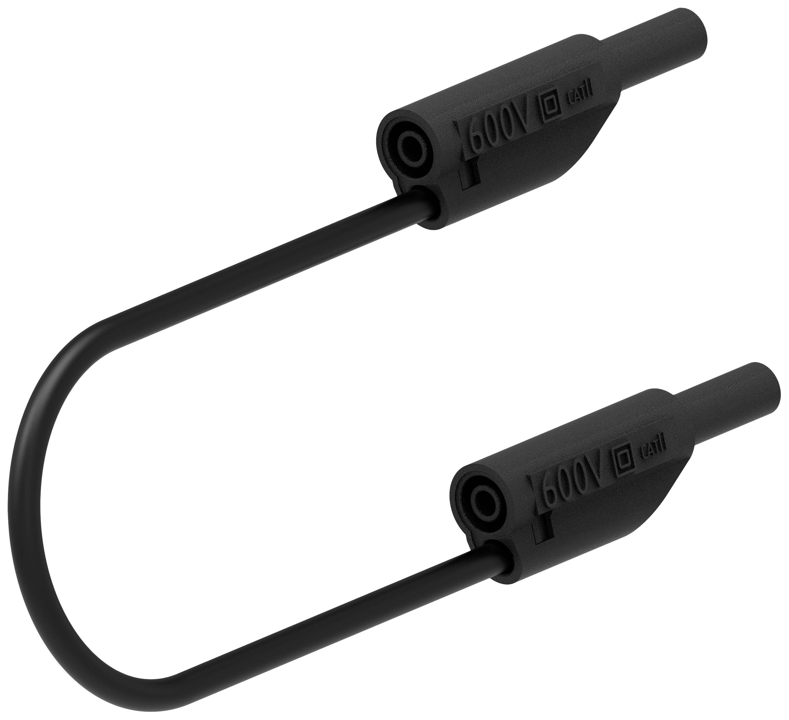 A black cable with two plugs, on which '600V' is embossed in raised text. Suitable for electrical connections.