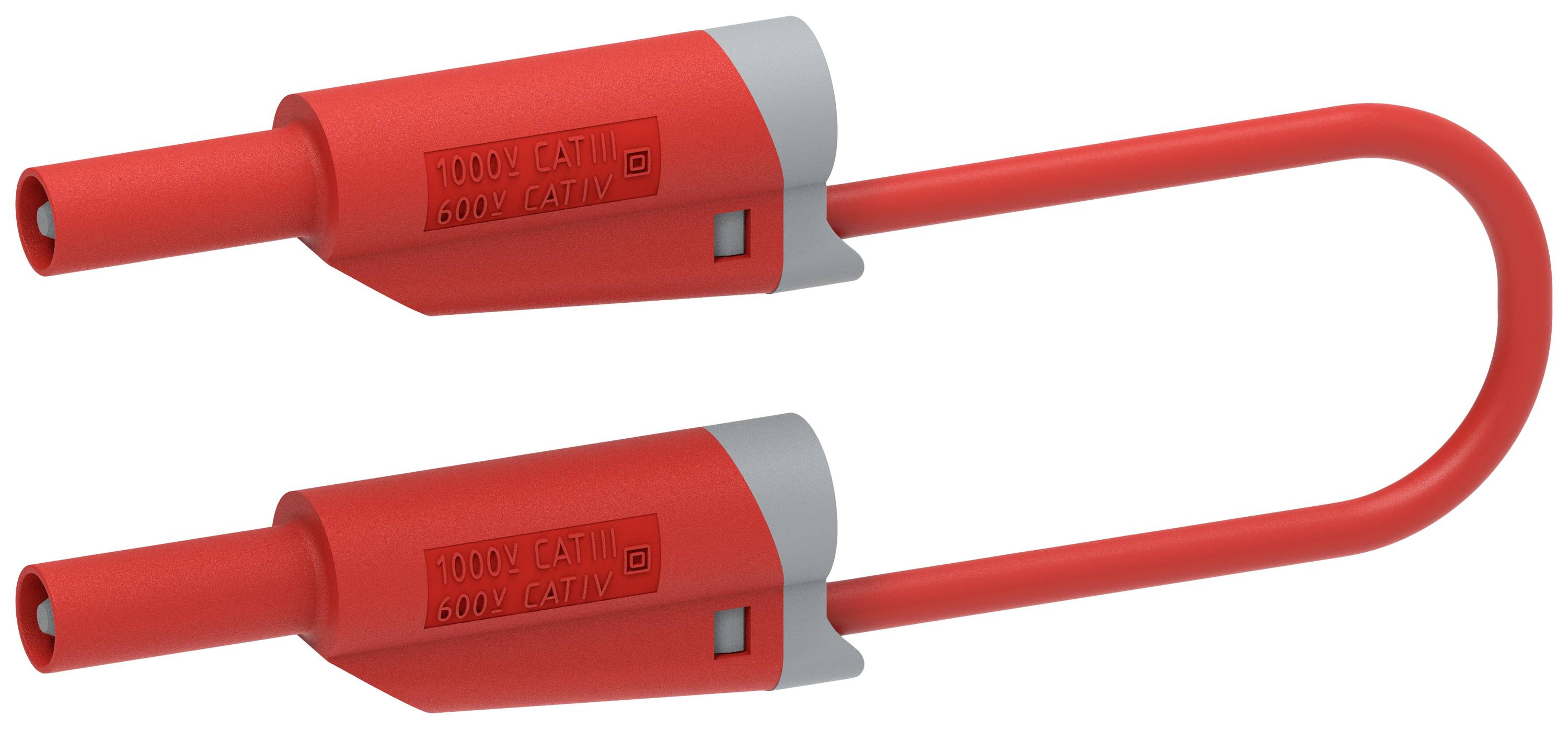 Two red test probes with grey elements, connected by a flexible cable, marked with '1000V CAT III 600V CAT IV'.