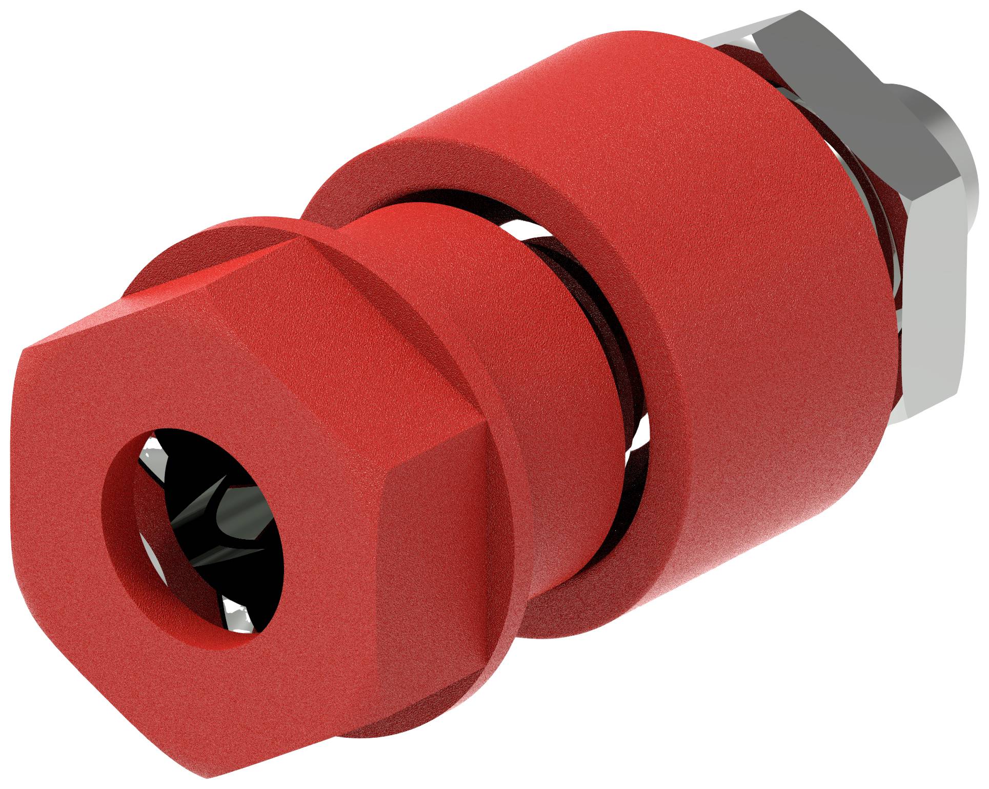 Red plastic knurled nut with black insert and hexagonal head. Used for secure and tool-free fastening.