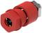 Red plastic knurled nut with black insert and hexagonal head. Used for secure and tool-free fastening.