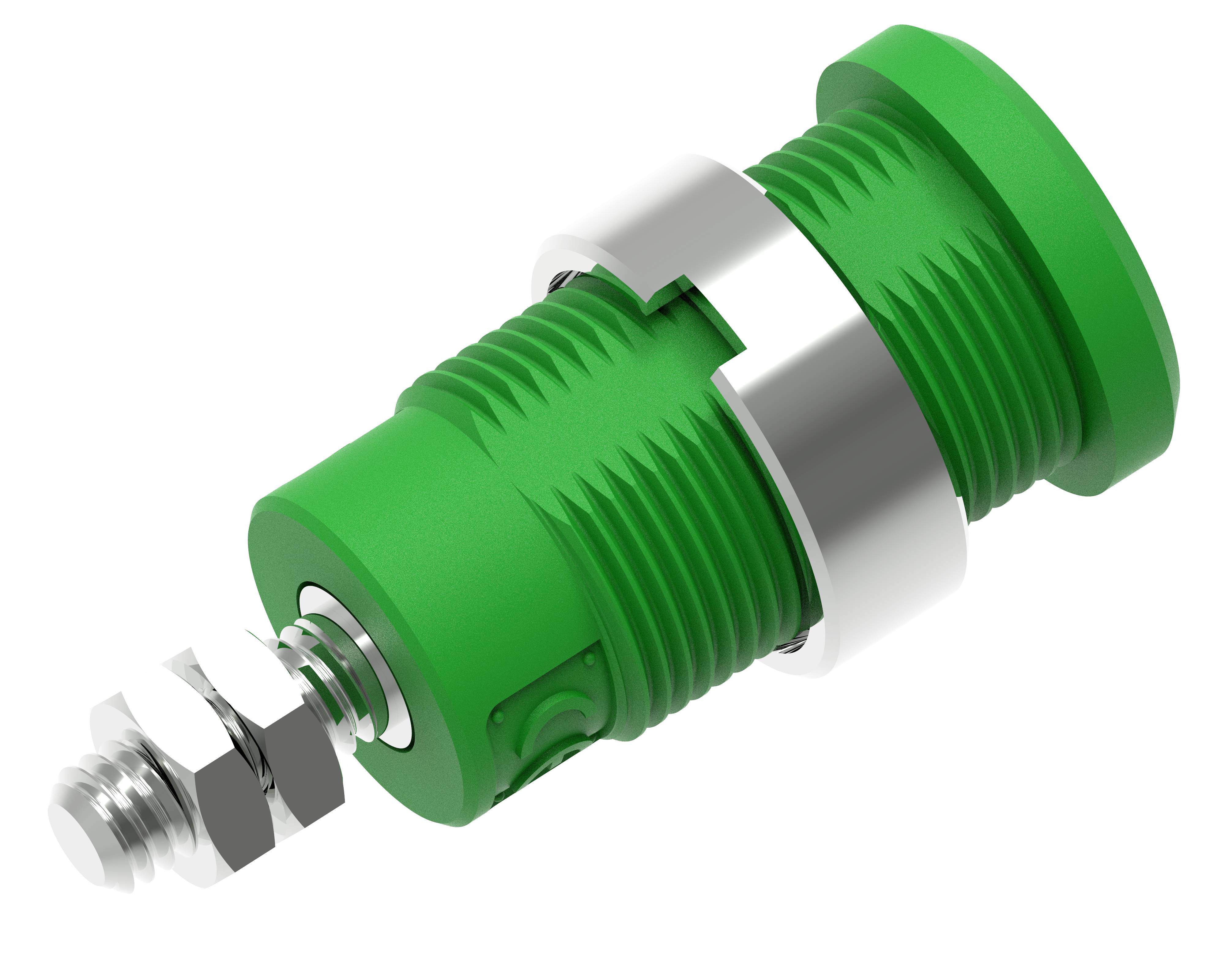 Green bolt insulator with silver metal ring and screws, for electrical insulation or mounting in industrial applications.