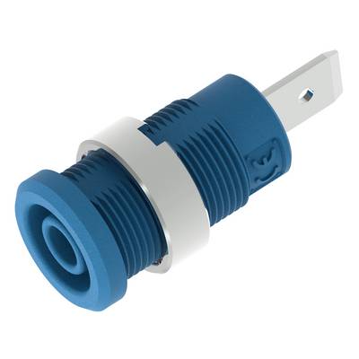 Blue, cylindrical connector with circular pattern and metal contact, showing connection side facing upwards.