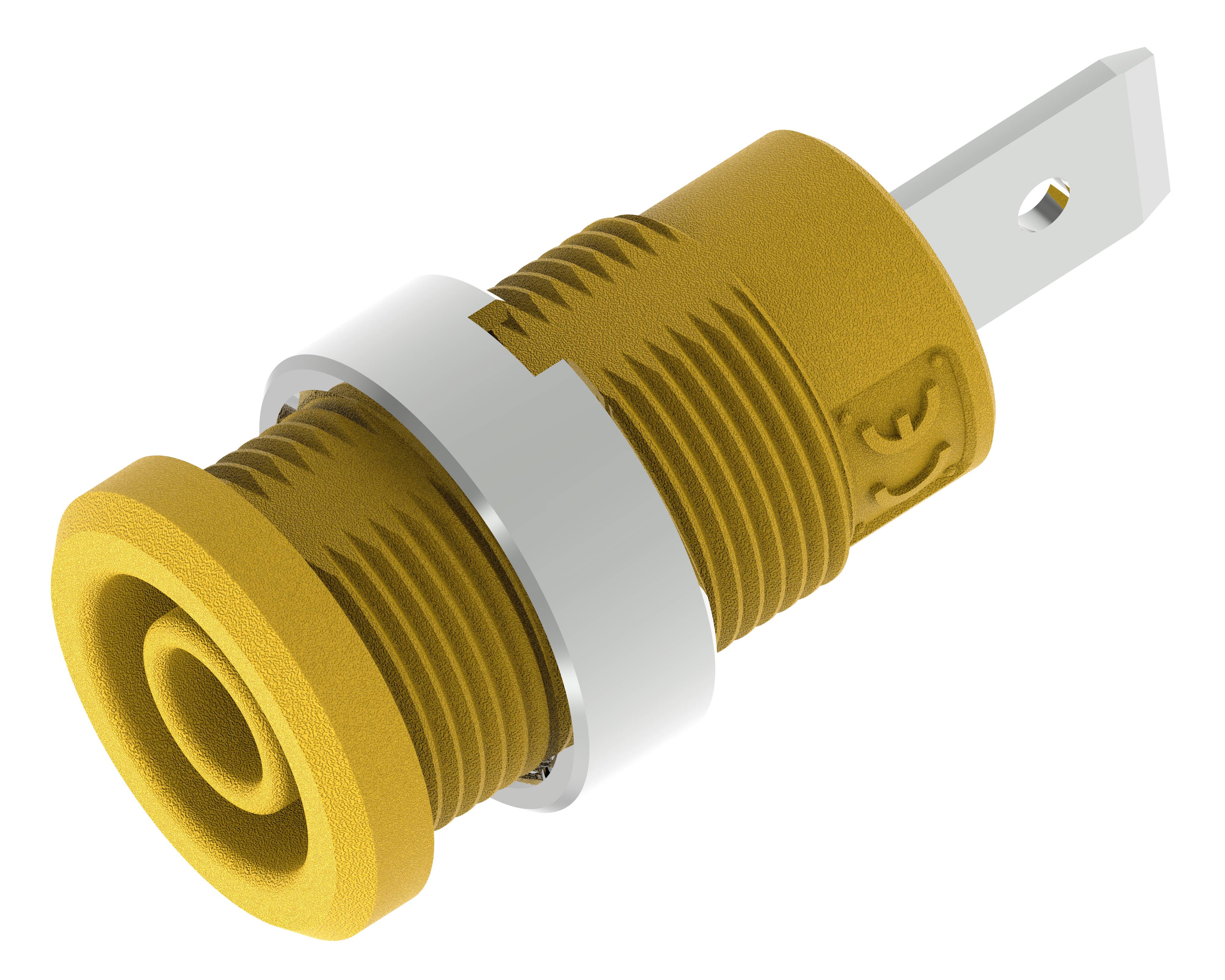 Yellow electrical connector with metal threading and two contacts, suitable for industrial applications.
