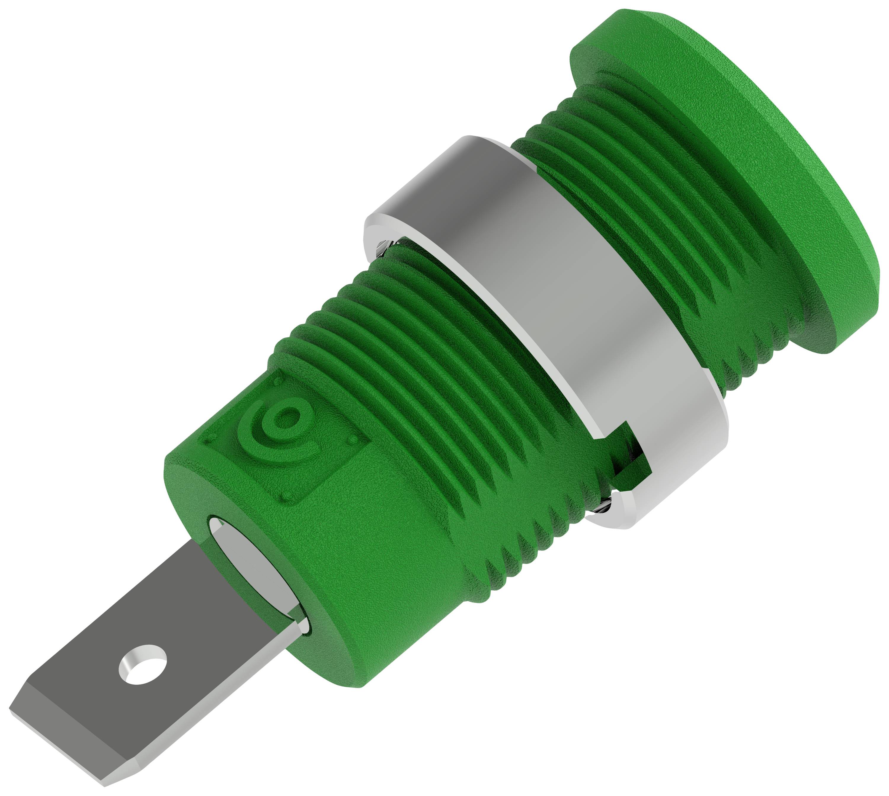 Green electrical connector with metal clip, positioned sideways, showing the socket and fastening mechanism.