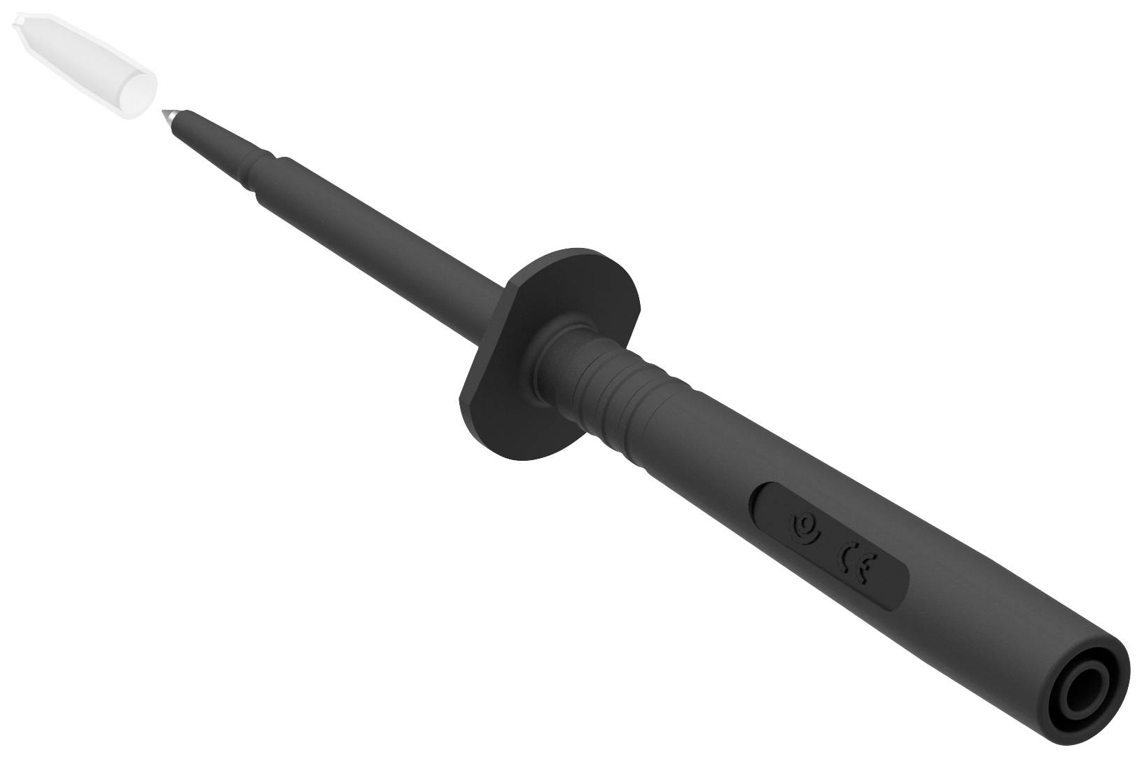 'Black test probe with removable protective cap cover, suitable for electronic testing. Ergonomic handle and insulated tip.'