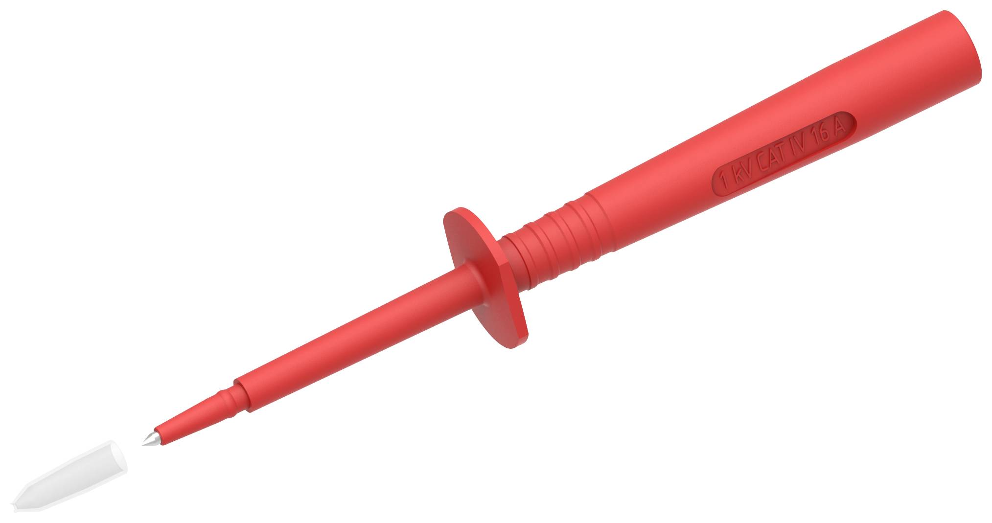 Red test probe adapter with protective cap, suitable for electrical measuring instruments.