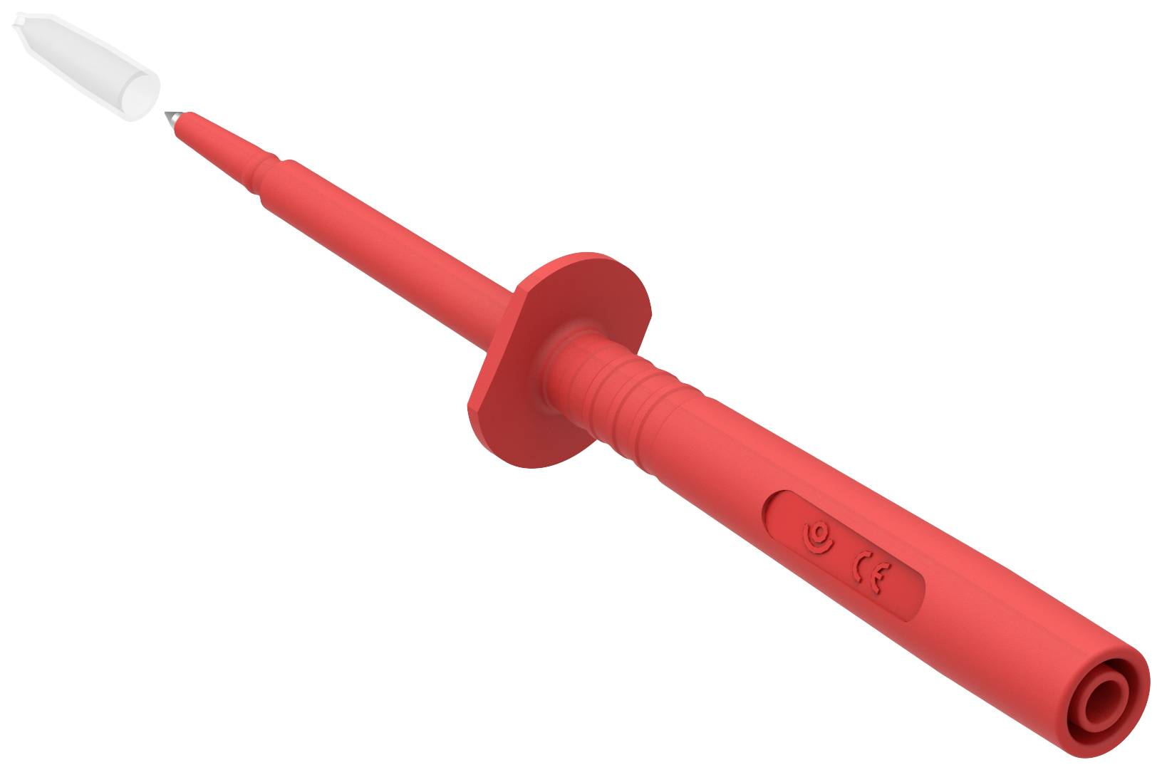 A red electronic testing device with a protective cap, used for voltage measurement in electrical circuits.