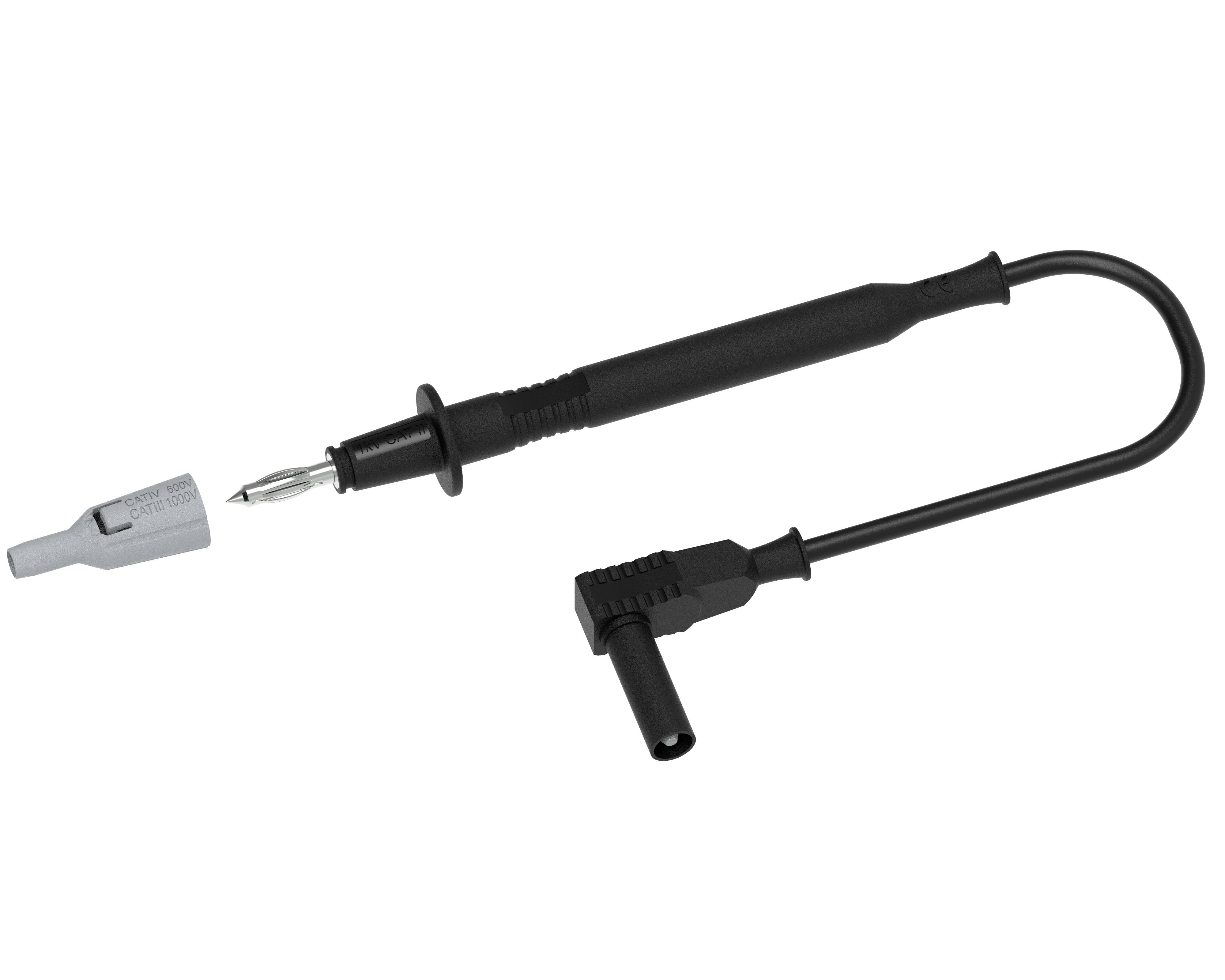 A black measuring cable with an angled plug and a metal tip, suitable for electrical measuring instruments.