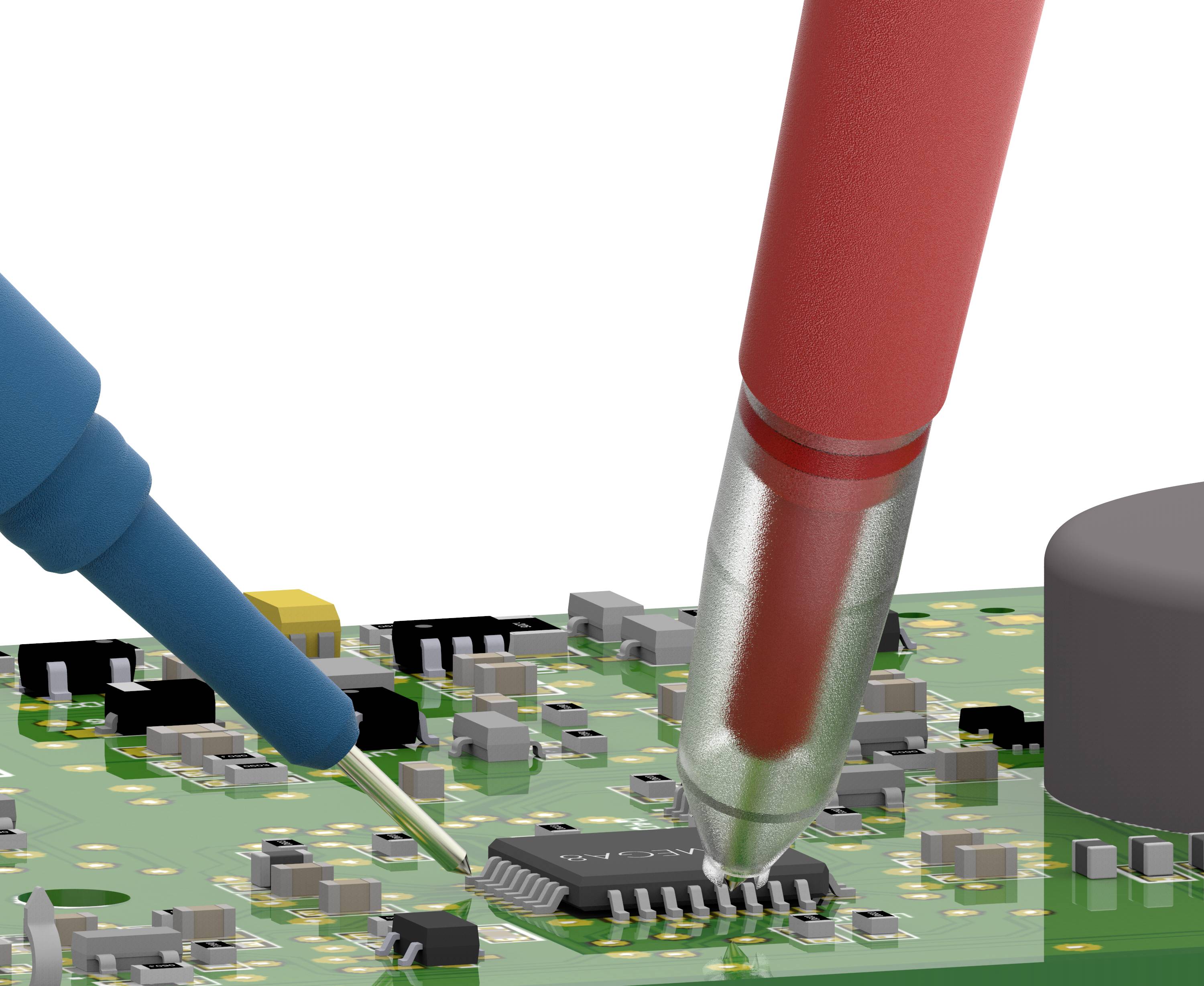 Two measurement probes are testing a microchip on a green circuit board, surrounded by electronic components.
