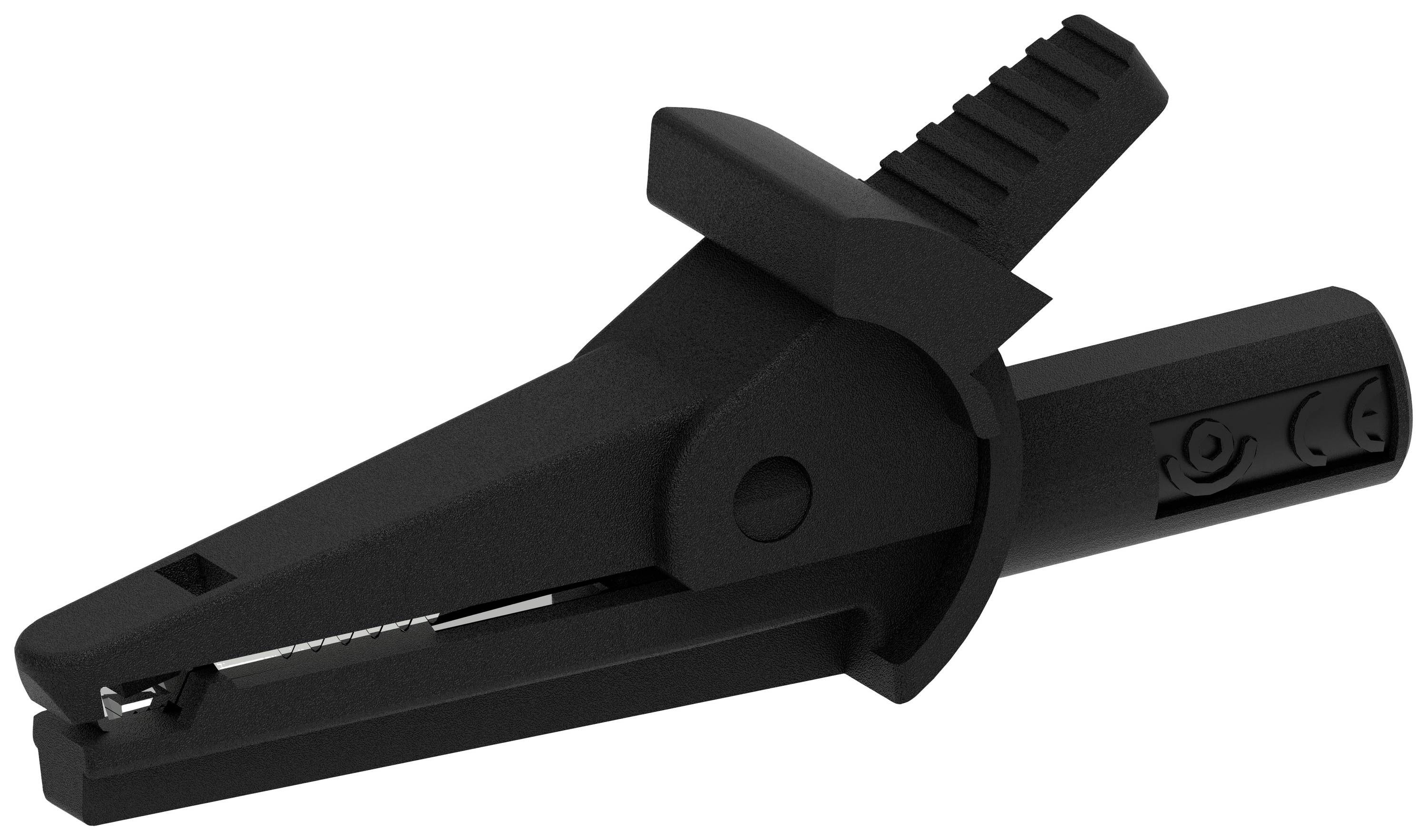 Large black electric crocodile clip, used for connecting measuring devices with electrical components.