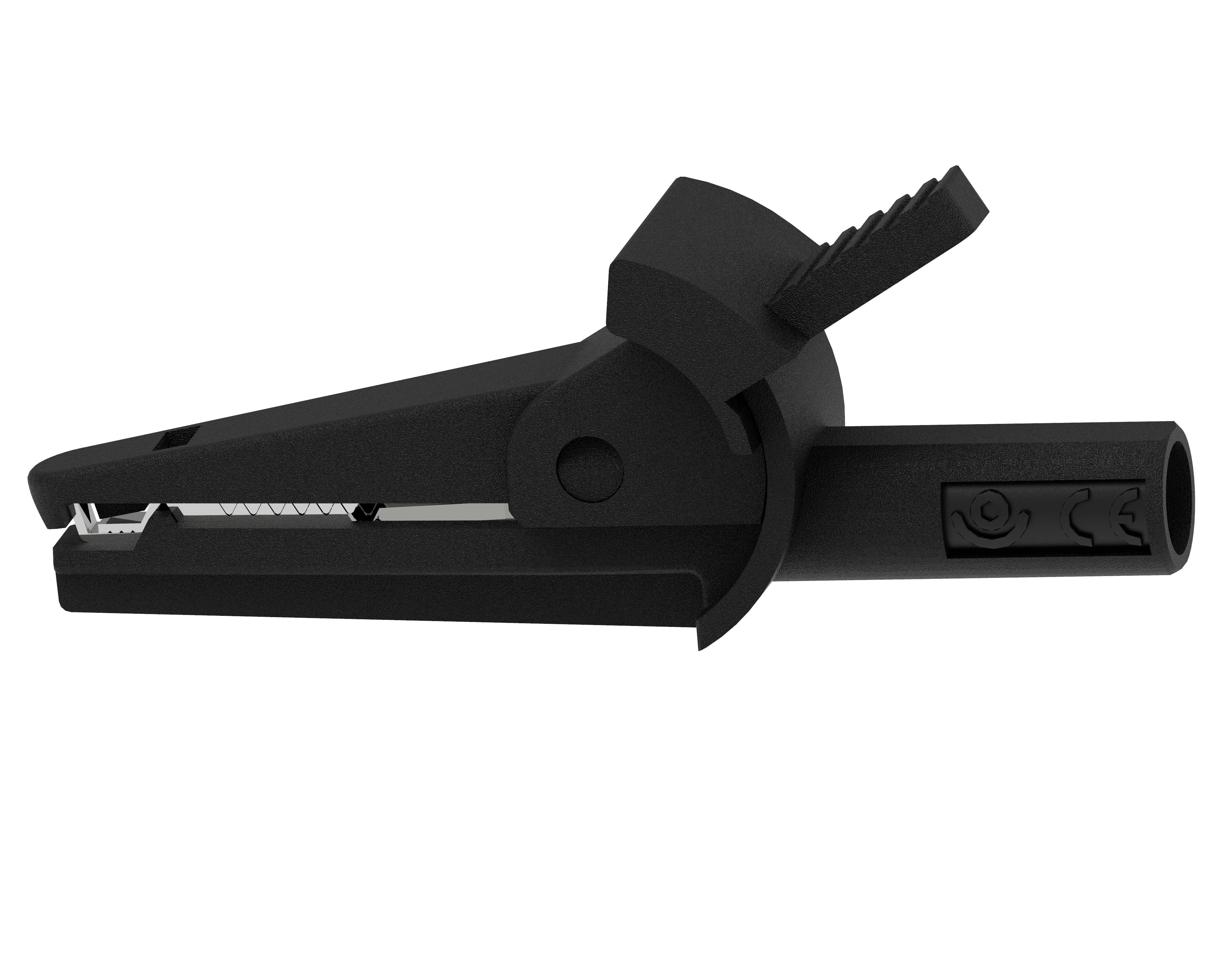 A black, pliers-like plastic terminal plug used for electrical applications.