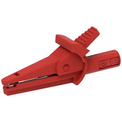 Red safety crocodile clip with insulated handle, suitable for electrical testing.