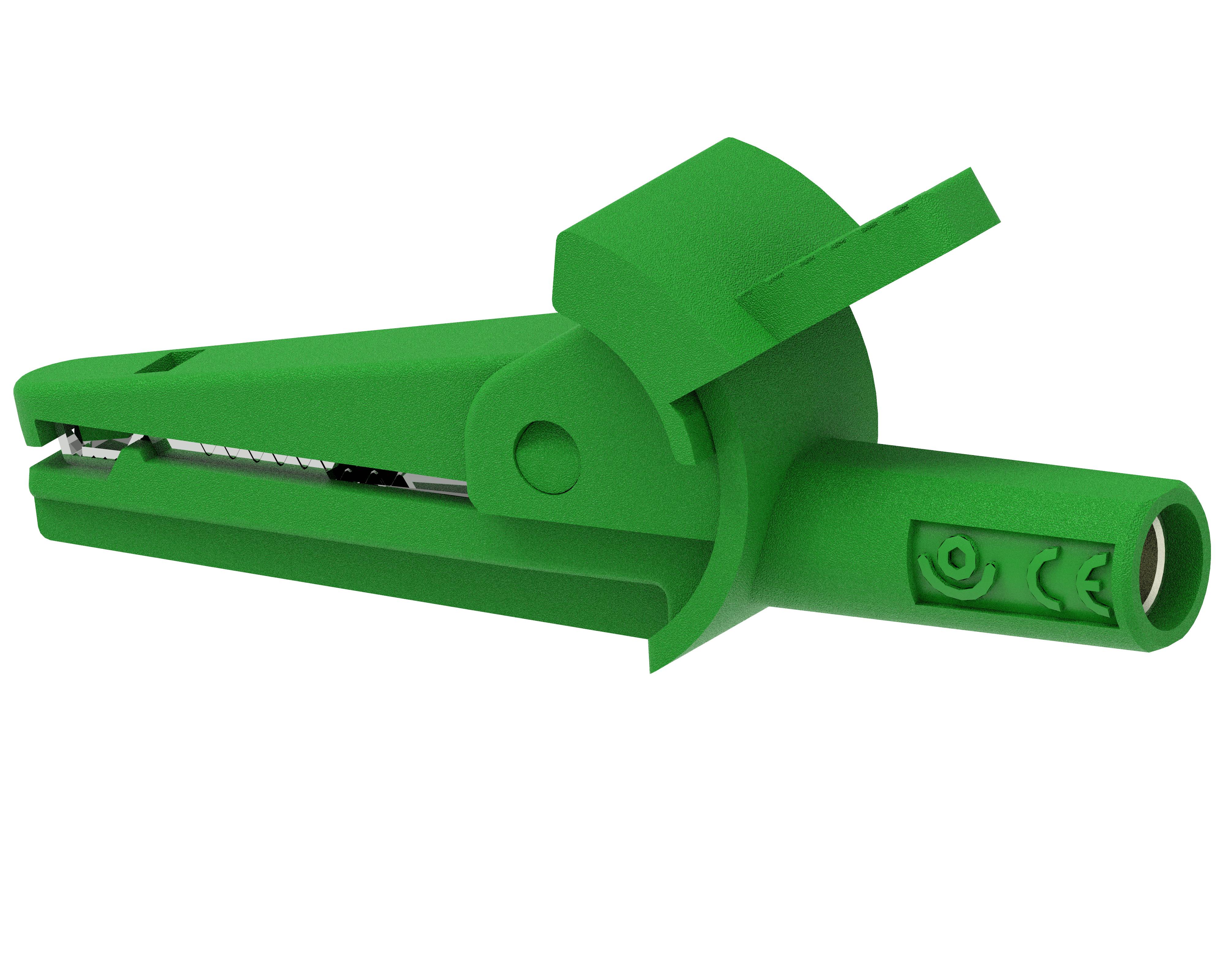 Green cable connection clamp with insulating housing and open cable connection. Suitable for secure electrical connections.