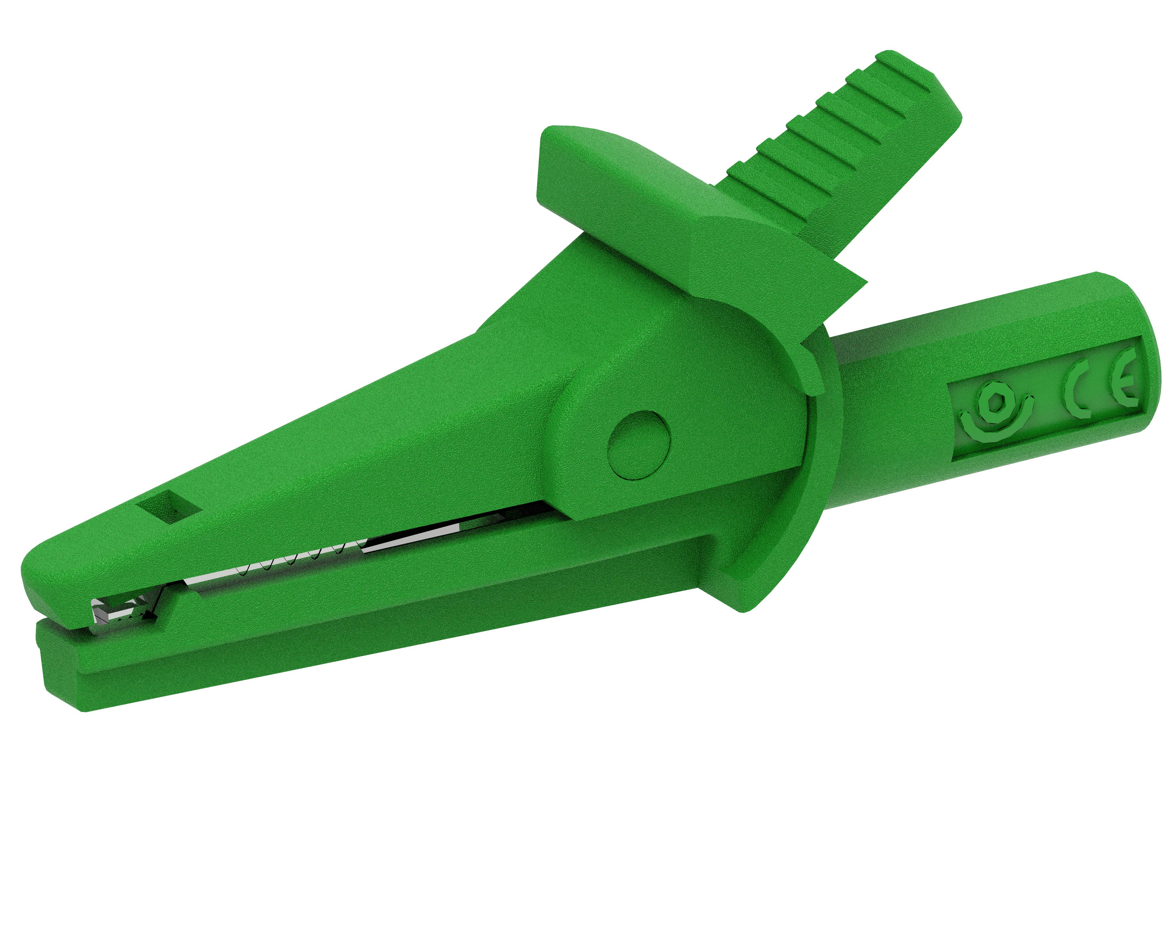 A green, insulated crocodile clip with a serrated handle for securely gripping electrical wires.