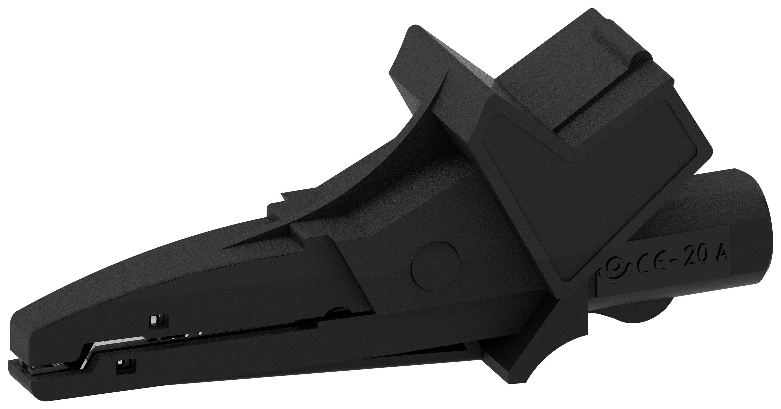 Black crocodile clip with an insulated plastic housing and metallic gripping surface, suitable for electrical testing up to 20 amperes.