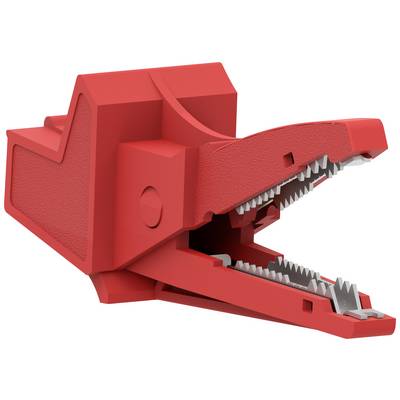 Red crocodile clip tool with an open, serrated jaw, used for securely holding or connecting objects.