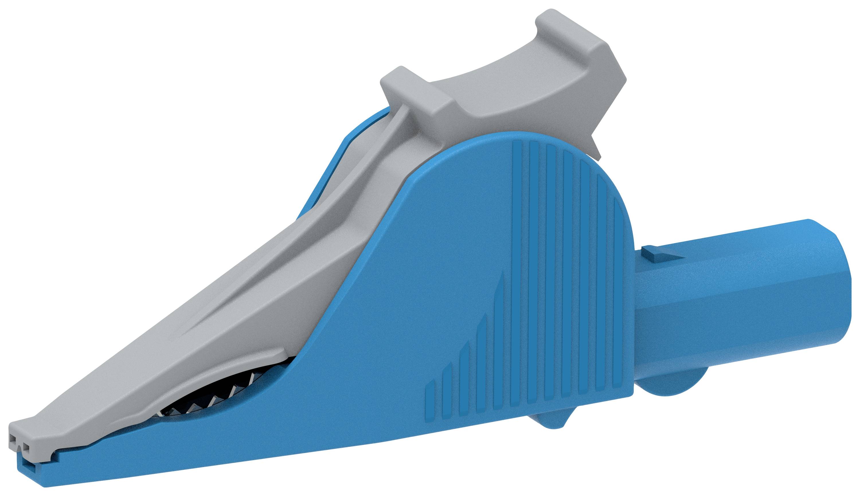 A blue crocodile clip connector with a grey tip. Used for securely connecting electrical cables.