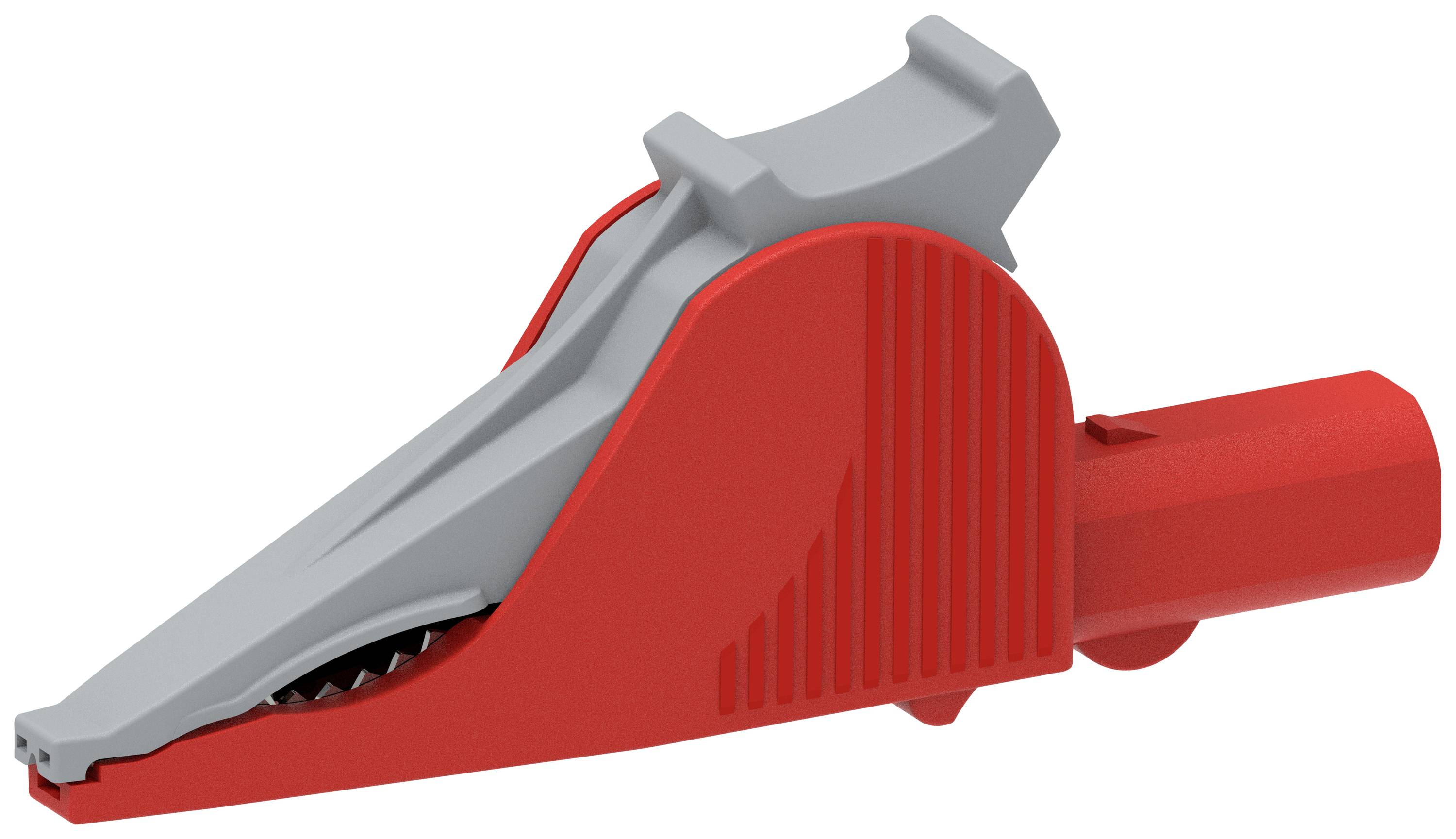 Red and grey crocodile clip, commonly used for electrical measurements.