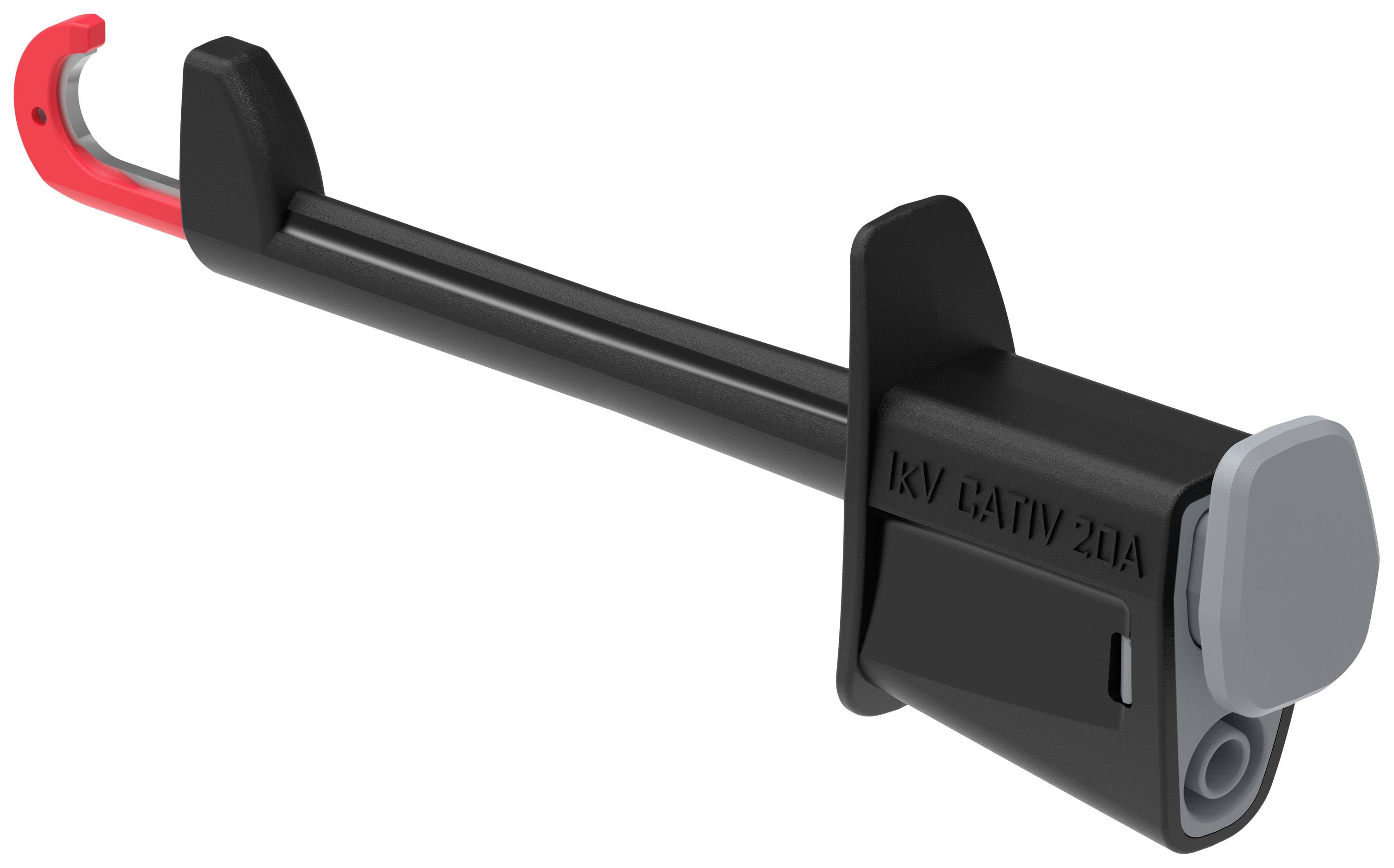 A black, elongated adapter with a red hook, labelled 'kV CAT IV 21A', used for high-voltage applications.