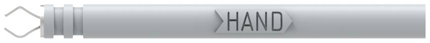 A grey tube with the text 'HAND' written on it, pointing to the right. The background is white.