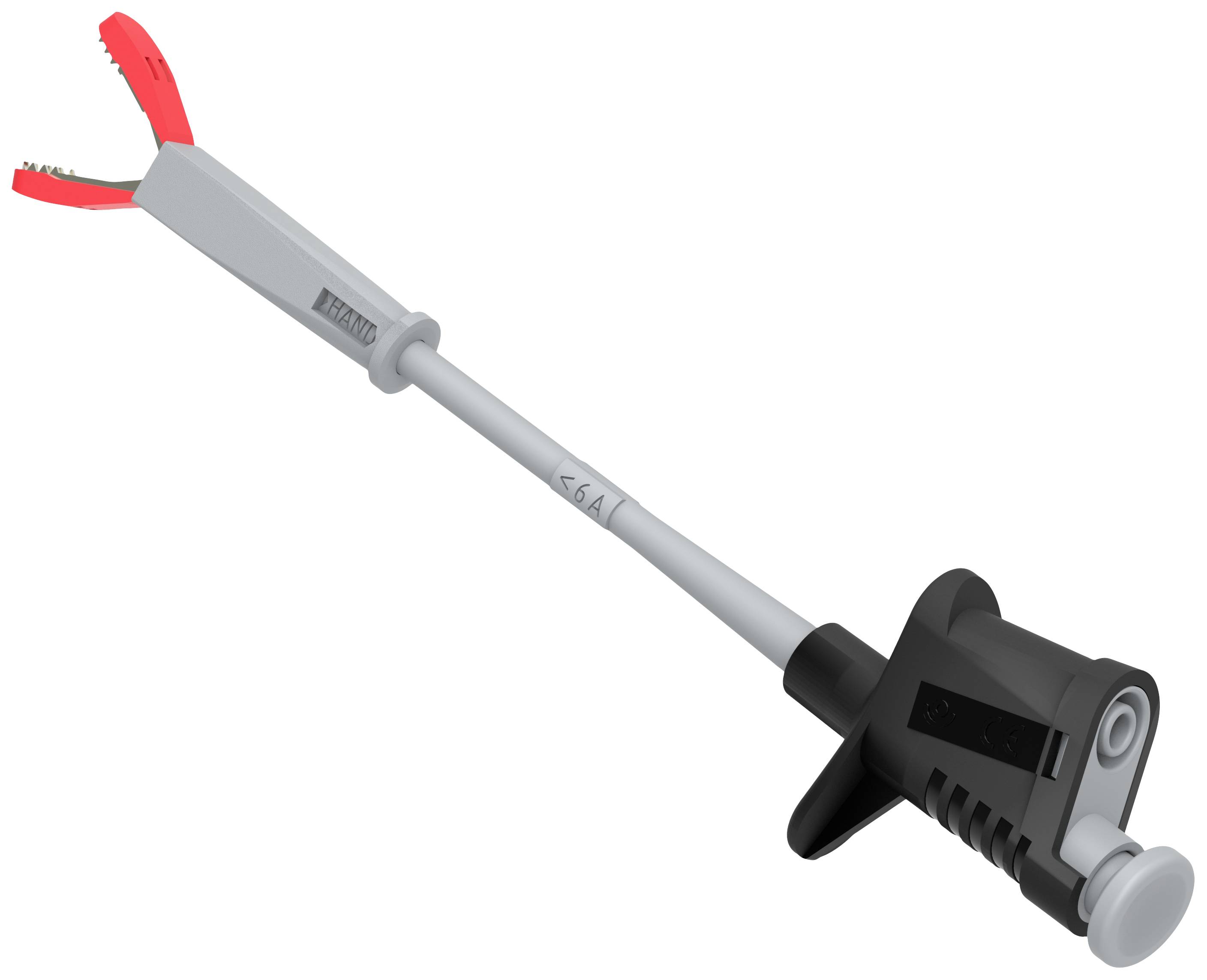 A grey and black tool with a red head, possibly a pair of pliers used for precise gripping tasks.