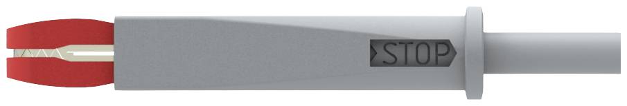 A grey tool with a red end, bearing the inscription 'STOP'. It appears to be a secure holding or cutting implement.