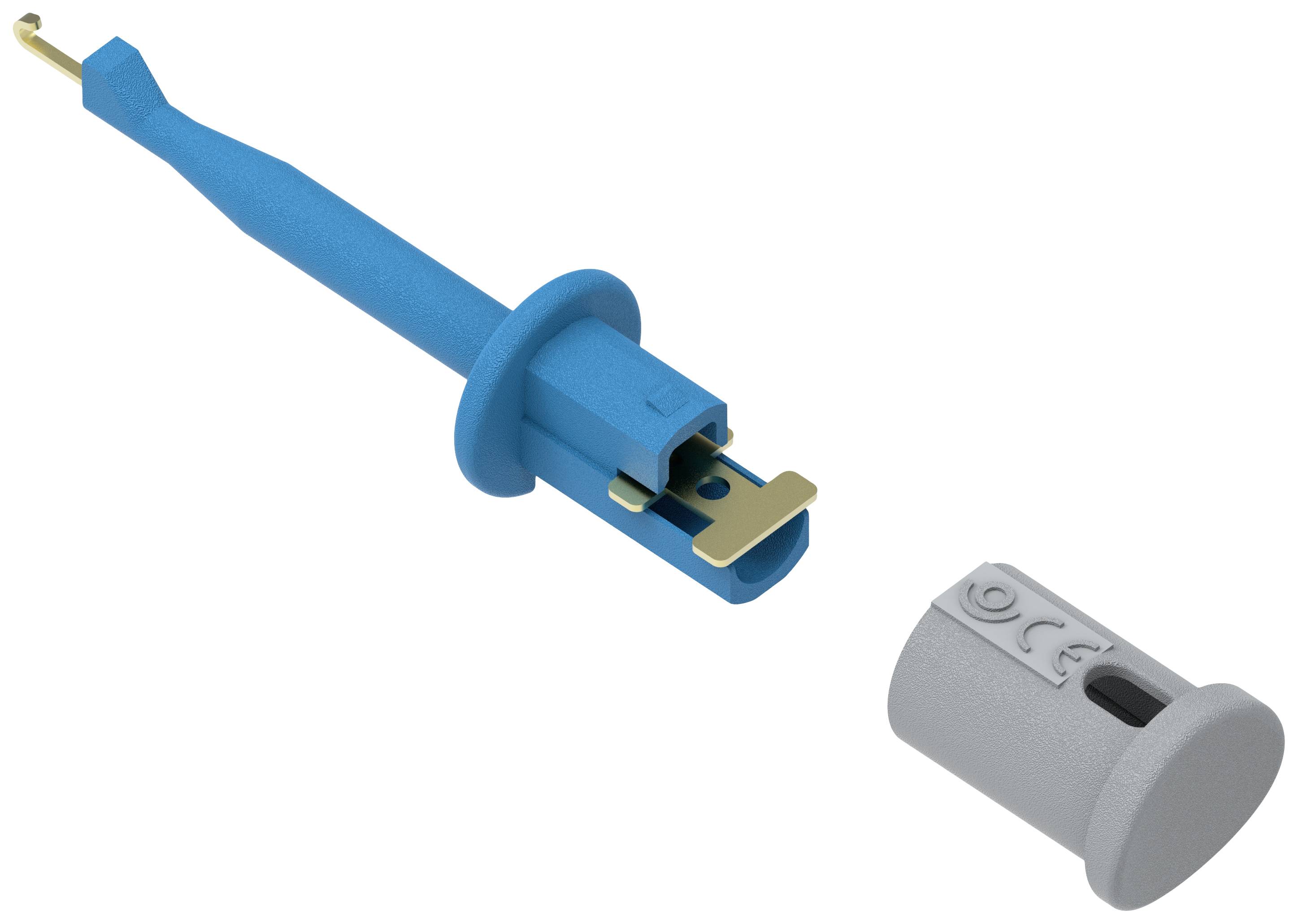 A blue tool next to a grey cylinder. The tool has a curved end and the cylindrical piece displays a simple symbol.